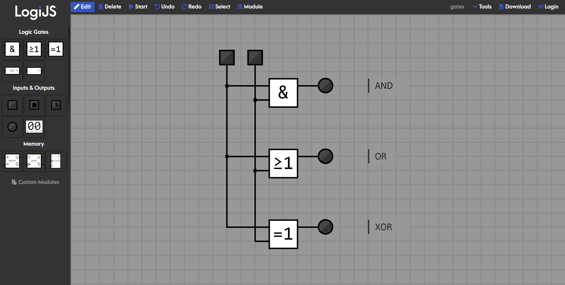 A LogiJS example sketch showing a traffic light simulation