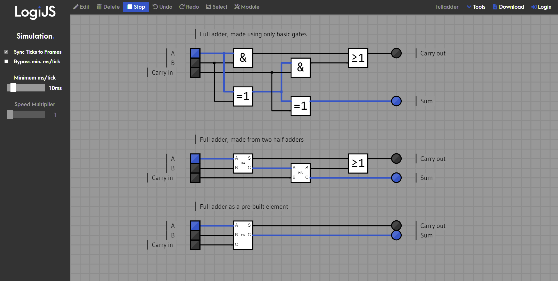 A LogiJS example sketch showing a basic cpu structure